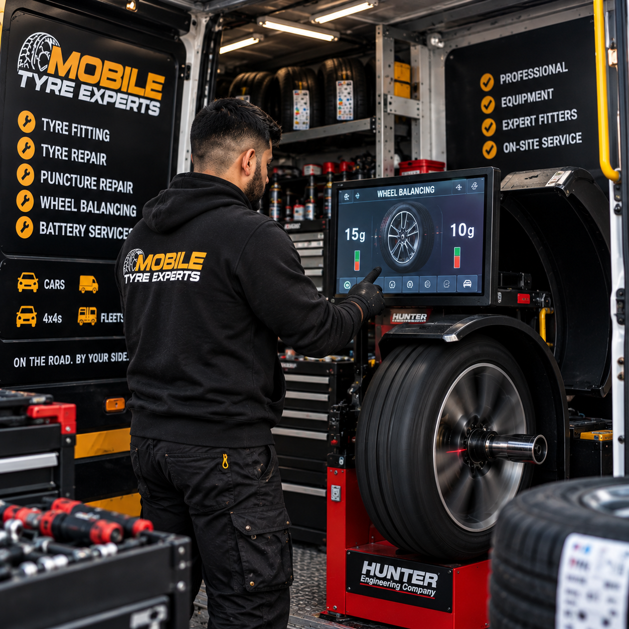 Technician carrying out professional wheel balancing