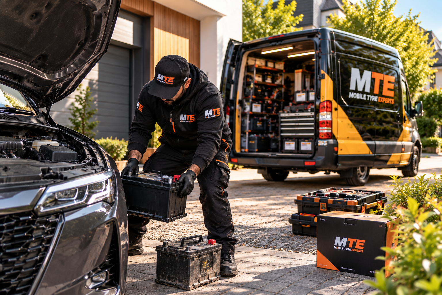 Mobile technician working on vehicle battery