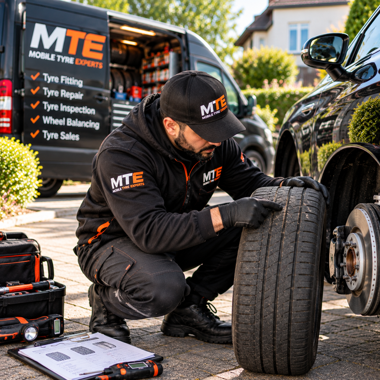 Tyre tread condition assessed during a mobile tyre inspection