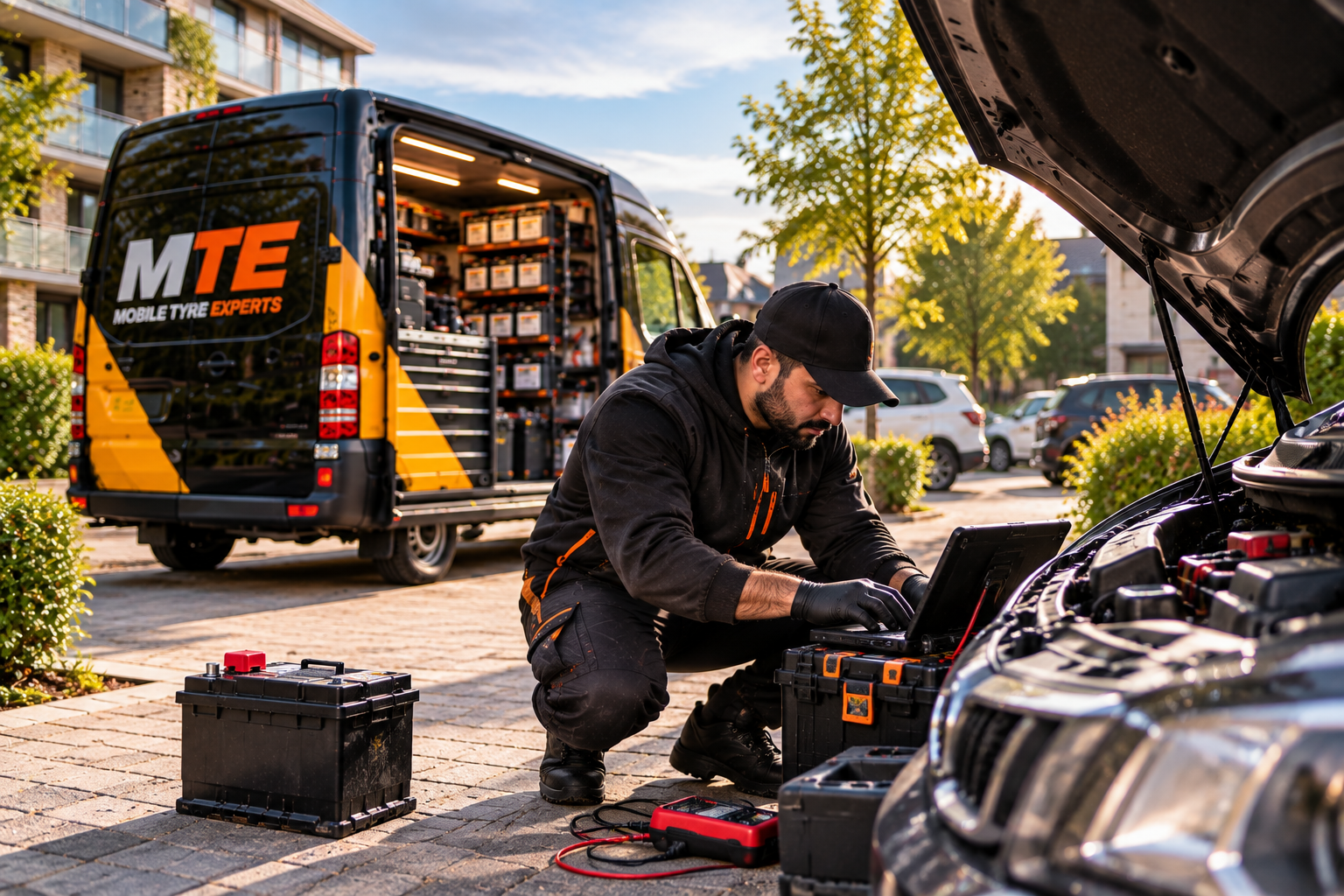 Technician fitting a replacement car battery