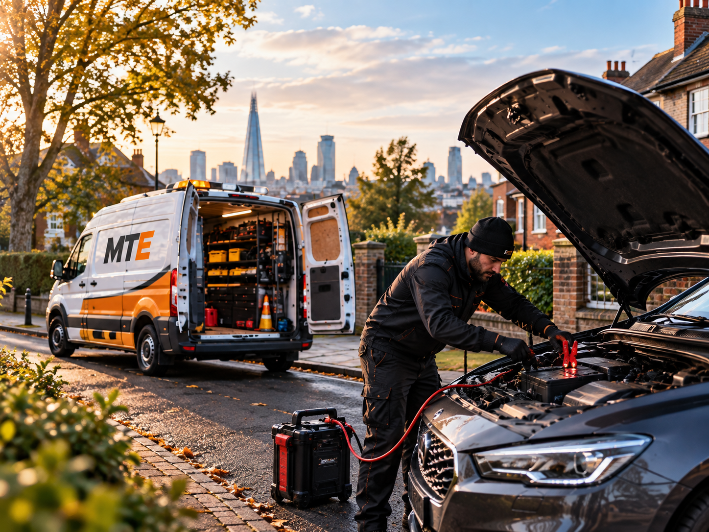 Mobile technician helping a non-starting vehicle