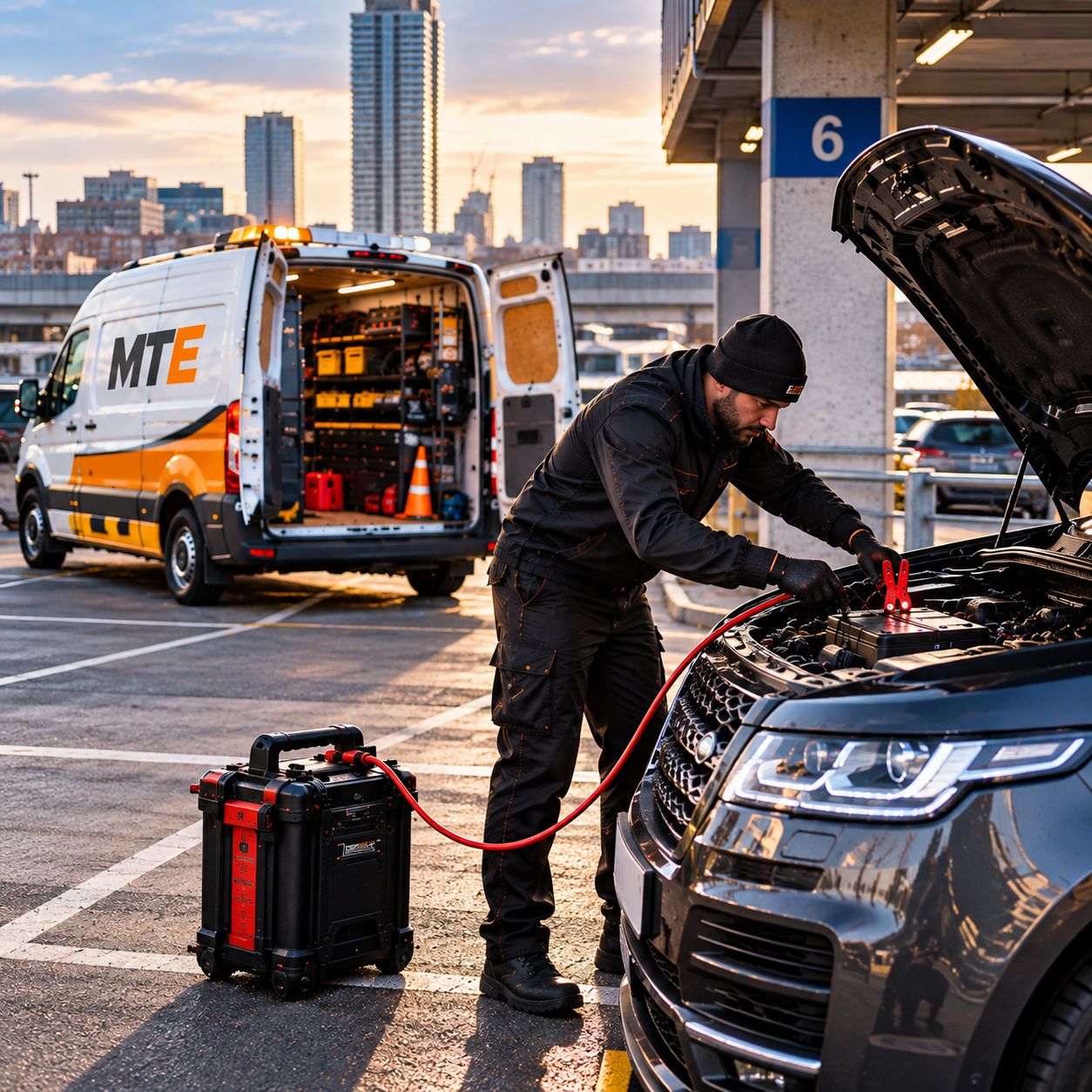 Technician providing car jump start assistance