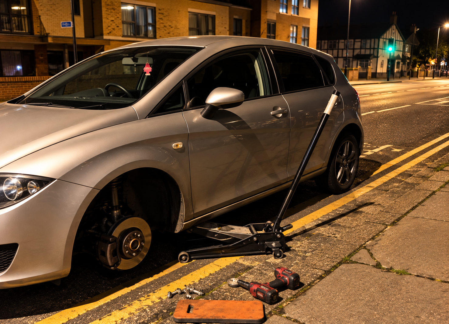 Damaged tyre being replaced by mobile tyre service