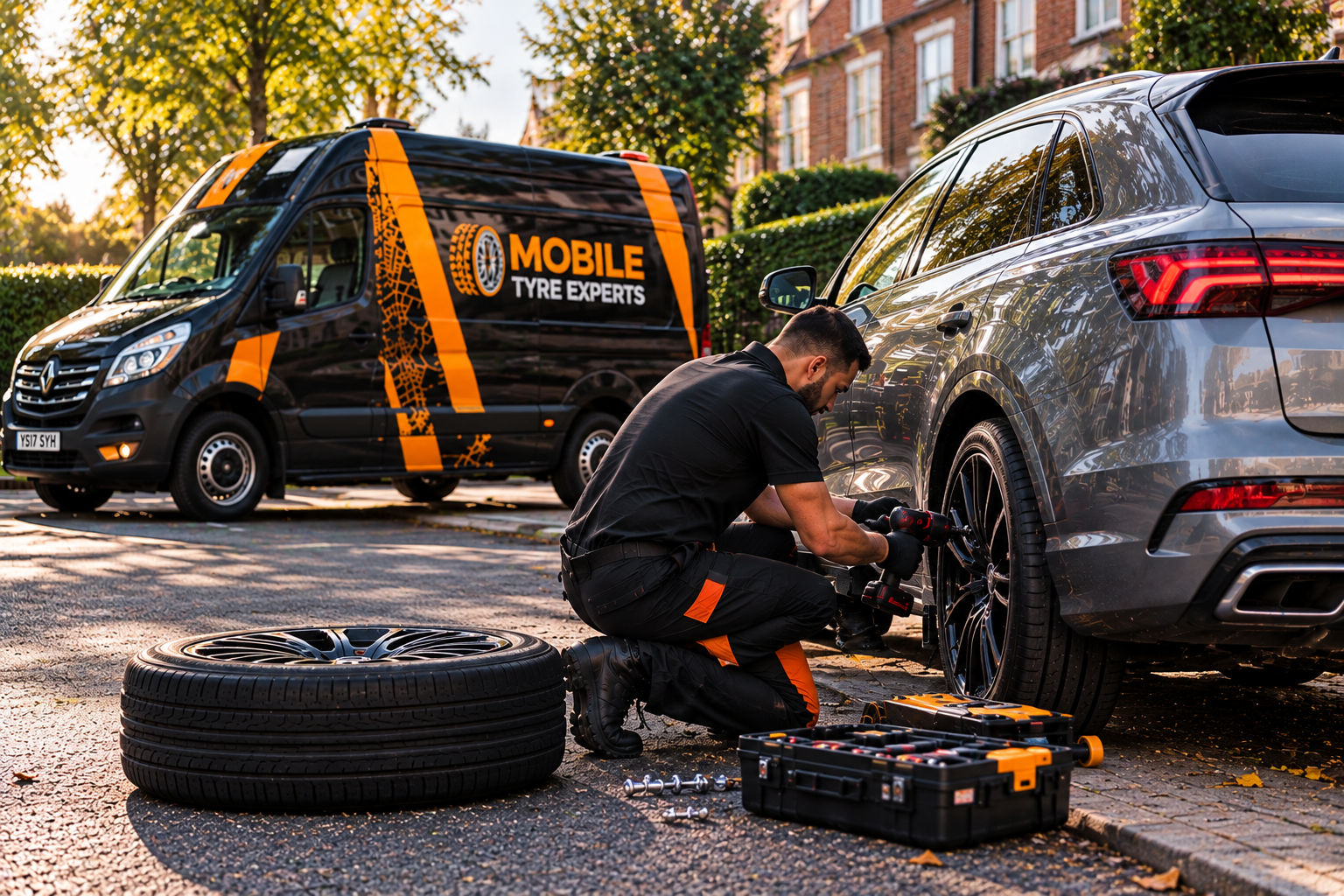 Mobile tyre repair service at a customer location