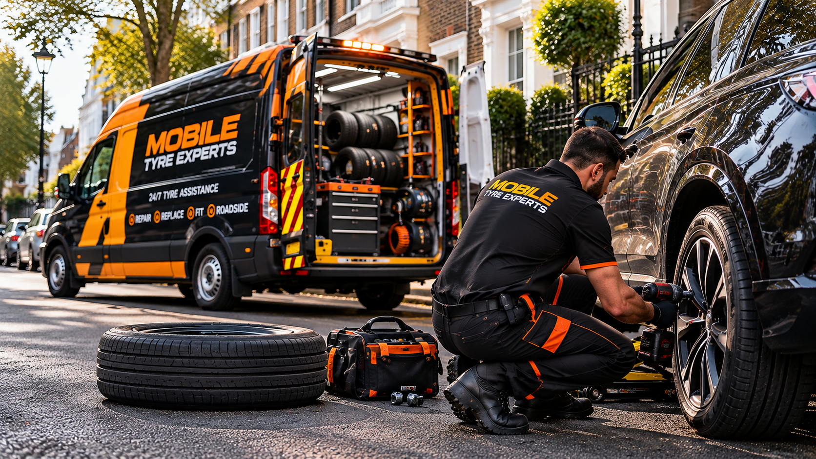 24/7 mobile puncture repair technician attending a flat tyre