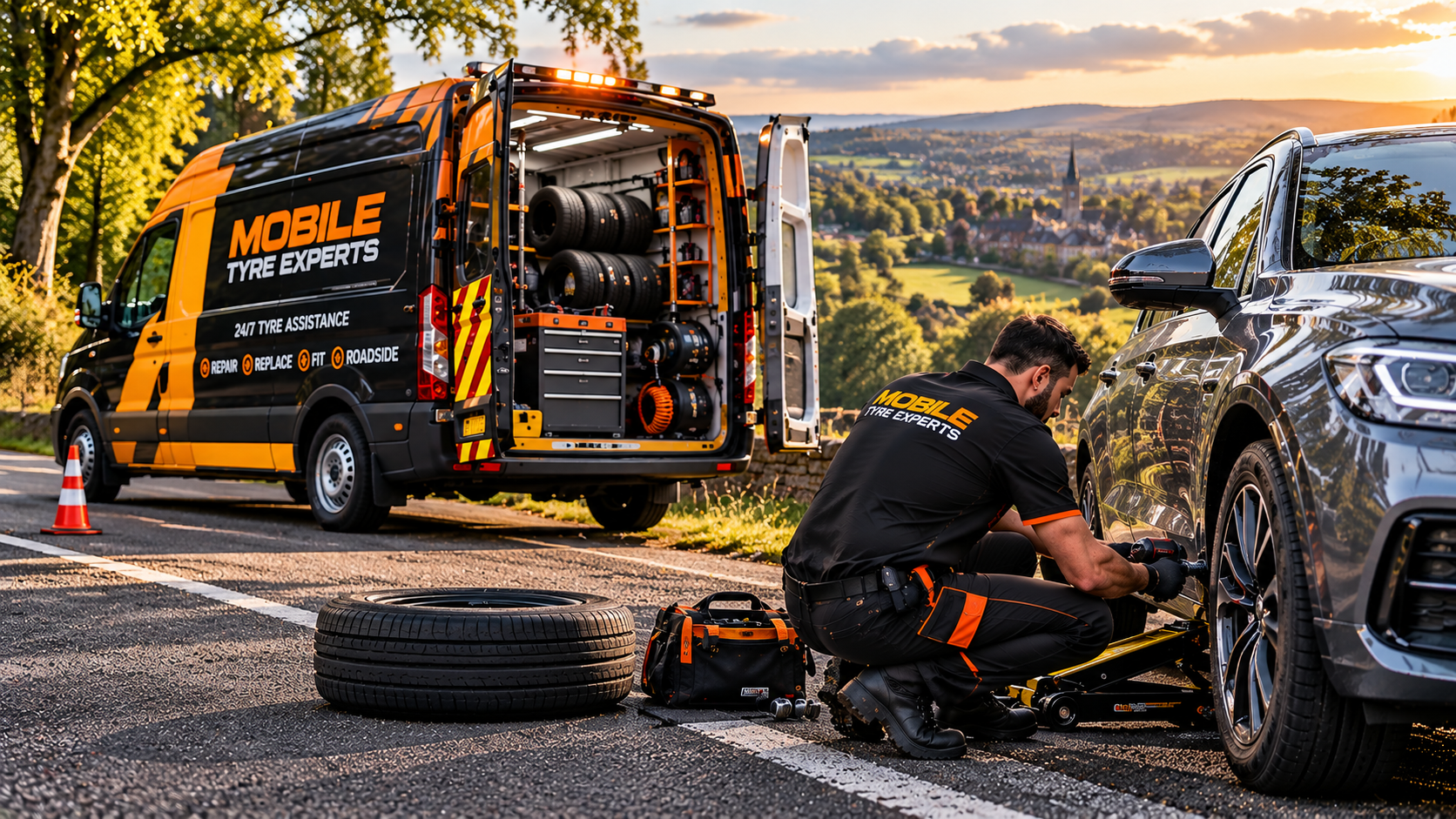 Mobile puncture repair technician assessing a damaged tyre on-site